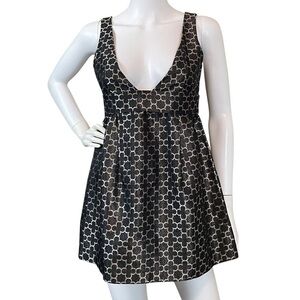 Privee Silk Pleated Plunge Sleeveless Mini Dress Black Beige Size Small